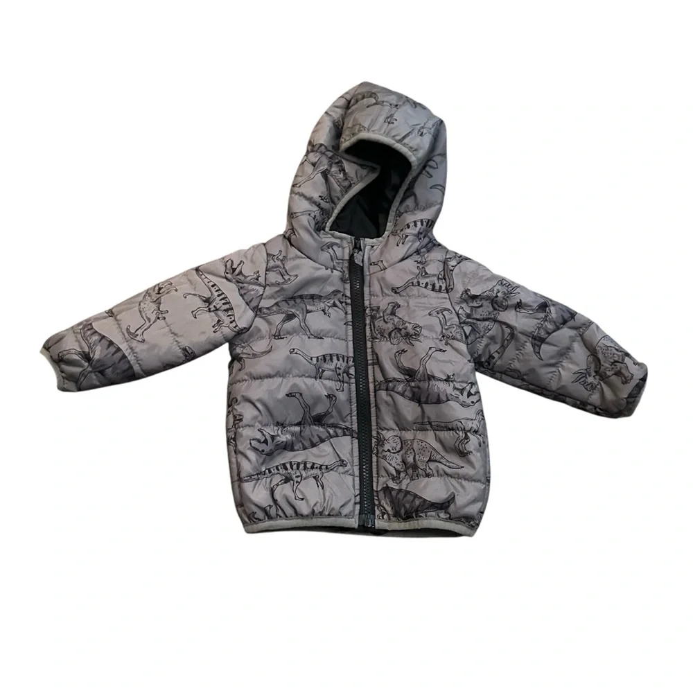 Carter’s Size 12 Months Baby Boys Puffer Jacket Winter Dinosaurs Dino Gray Warm